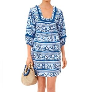 Tuckernuck Beach Petal Paradis Catalans Blue Floral Ruffle Bell Sleeve Coverup